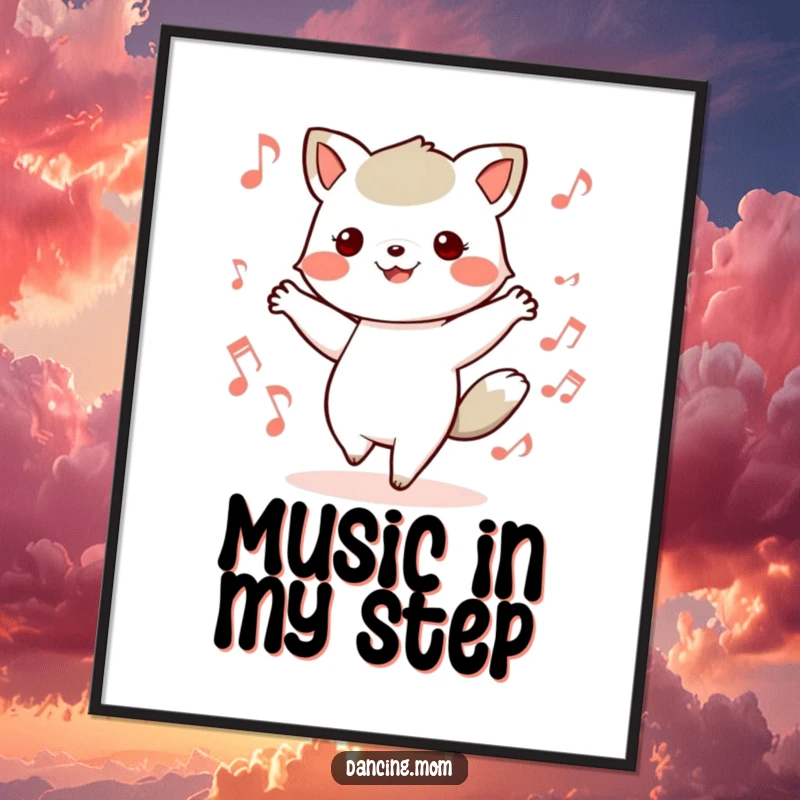 Funny poster art of a kawaii dancing animal with feet in motion, surrounded by musical notes, celebrating dance and music.