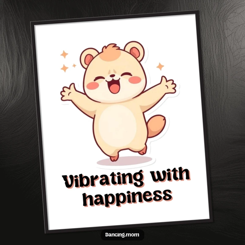 Funny poster art of a kawaii dancing animal spinning with arms outstretched, radiating pure, uncontainable joy and happiness.