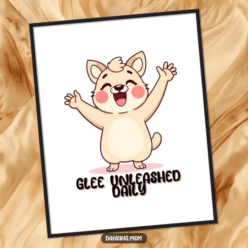 Funny dancing mom animal poster, arms in the air, radiating uncontainable glee and vibrant celebratory energy for wall decor.