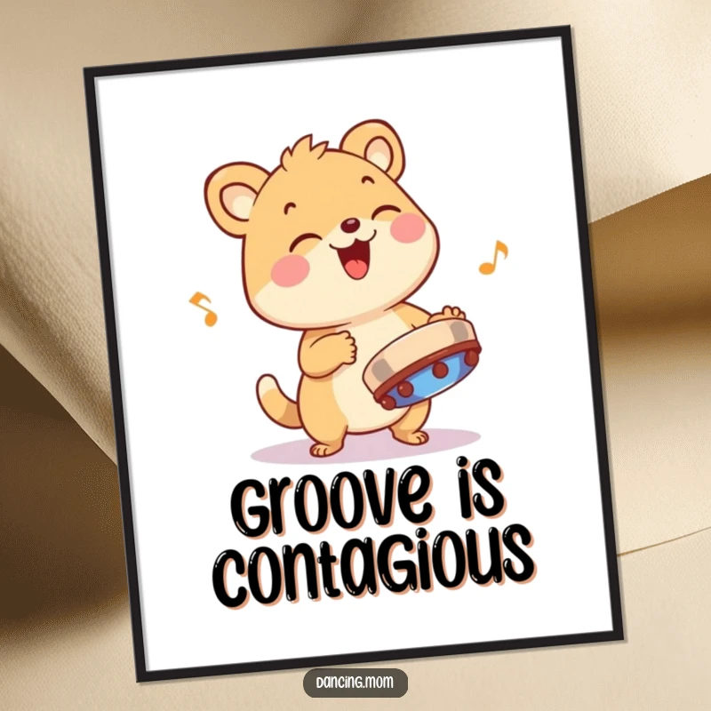 Funny animal character playing a tambourine with infectious rhythm, depicted as vibrant wall art for a lively touch.