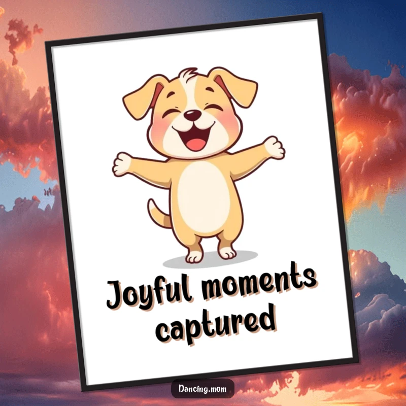 Funny dog twirling with arms outstretched in pure joy, as a vibrant wall art print.
