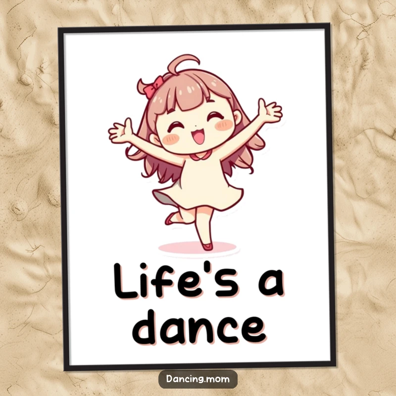 Funny Kawaii dancer poster showcasing a character mid-pirouette, arms wide, full of life and artistic expression.