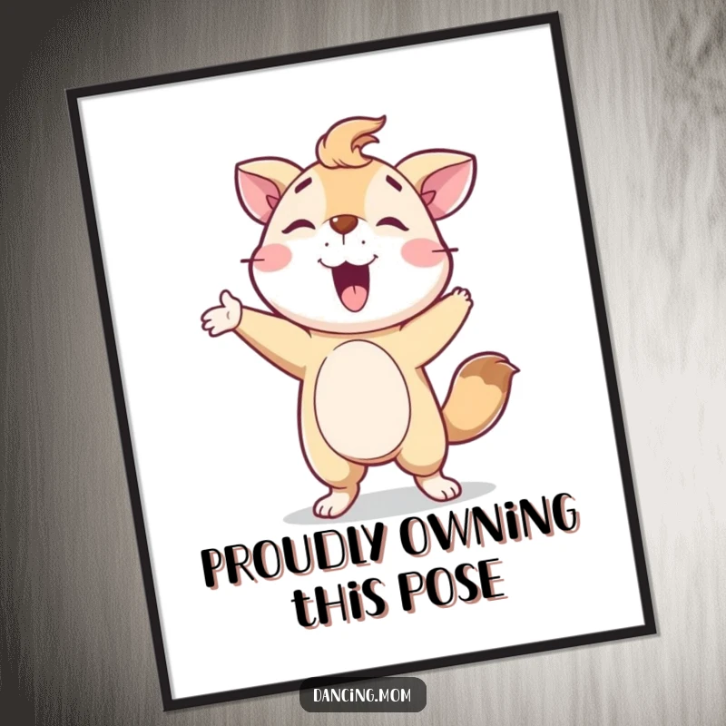 Funny Poster: A delighted animal character striking a proud pose after a spin, exuding confidence and pure delight.