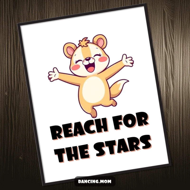 Funny animal character joyfully leaping with arms outstretched, creating a dynamic and humorous art poster.