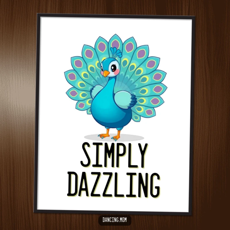Funny Peacock dancing poster showcasing a playful peacock spreading its colorful tail feathers in a majestic display for wall art.