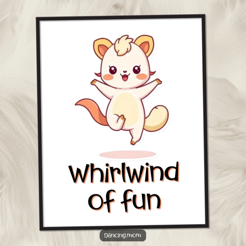 Funny poster featuring a kawaii animal with expressive, flowing limbs, depicted mid-twirl in an artistic and humorous dance pose.