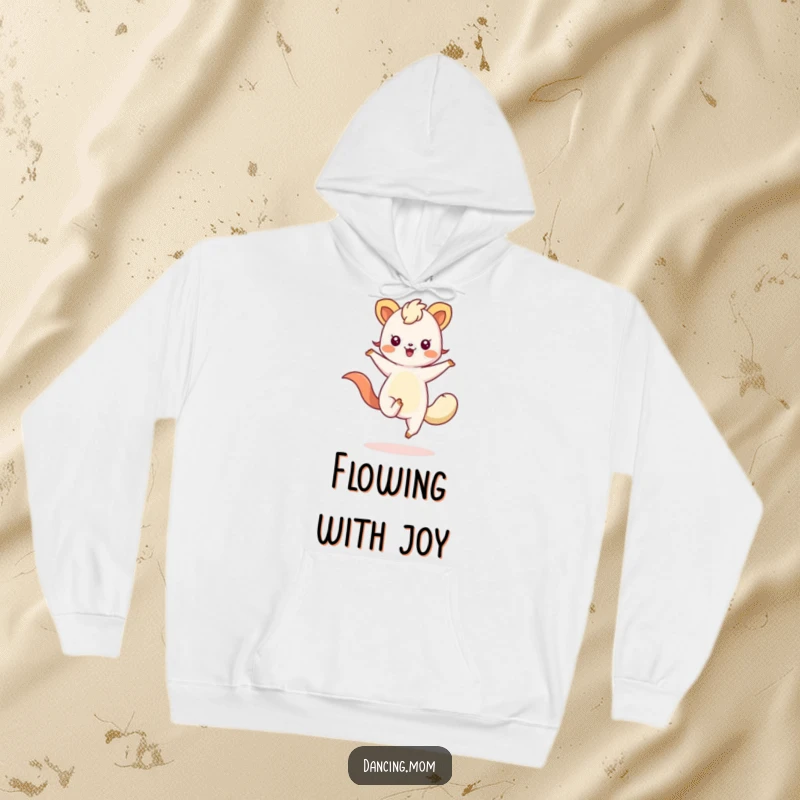 Funny hoodie depicting a kawaii animal with dynamic, flowing limbs captured mid-twirl, radiating pure dance energy and joy.