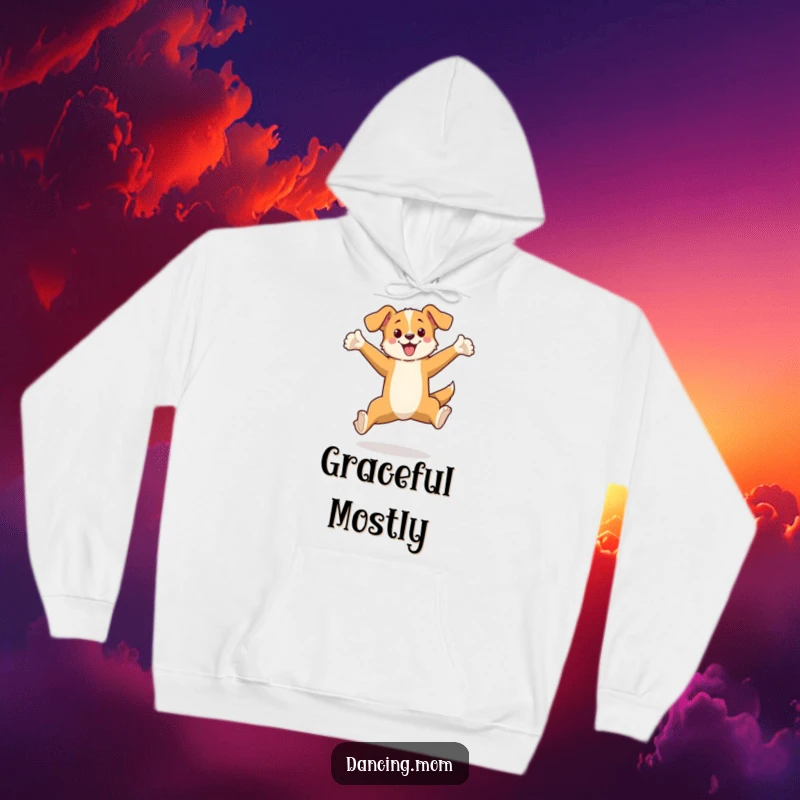 Funny hoodie depicting a dog leaping with extraordinary elegance, arms extended in a comical yet graceful balletic pose.