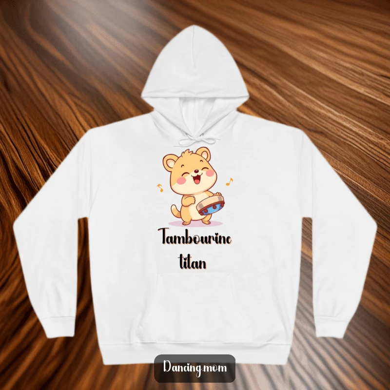 Funny animal character giggling while playing a tambourine with infectious rhythm, featured on a comfortable and warm hoodie.