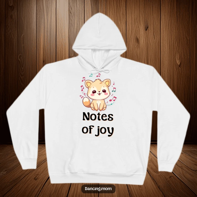 Funny joyful animal character with musical notes swirling, a comfortable and humorous hoodie design.