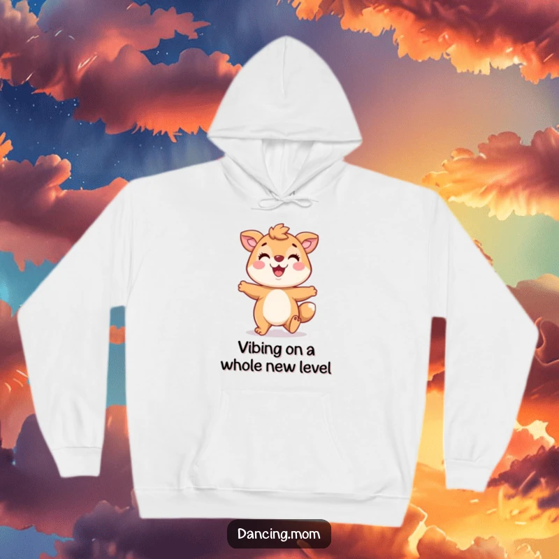Funny hoodie with a playful animal character tapping its feet enthusiastically, a wide smile conveying infectious happiness and good vibes.