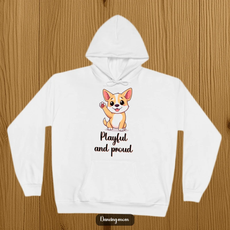 Funny hoodie showing a dog in a dynamic, playful pose with a paw raised high, ready for action and fun.