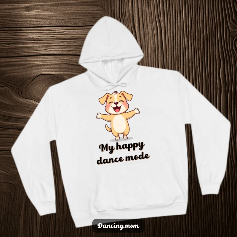 Funny dog joyfully twirling with arms outstretched, depicted on a warm and comfortable hoodie.