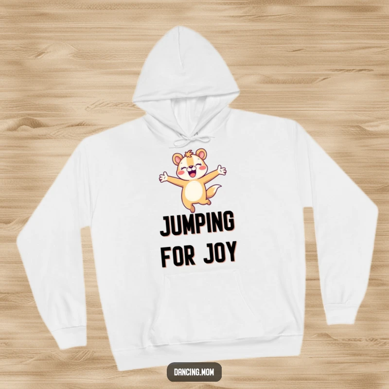 Funny animal character joyfully leaping with outstretched arms, printed on a soft and warm hoodie.