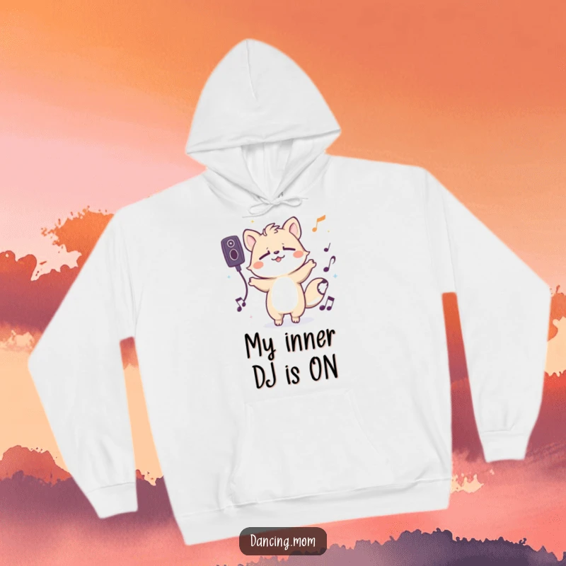 Funny hoodie depicting a spirited animal character grooving blissfully with eyes shut, fully immersed in the magic of imaginary music.