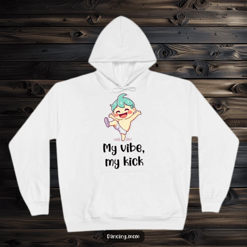 Funny Hoodie: Character doing a high, silly kick with a big smile, a warm and funny gift for playful comfort.