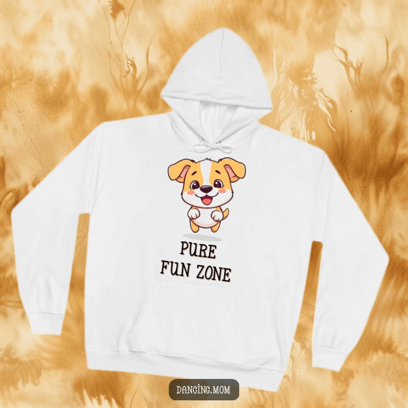Funny dog hoodie showing a dog doing a silly little hop with pure fun, offering cozy comfort and humor.