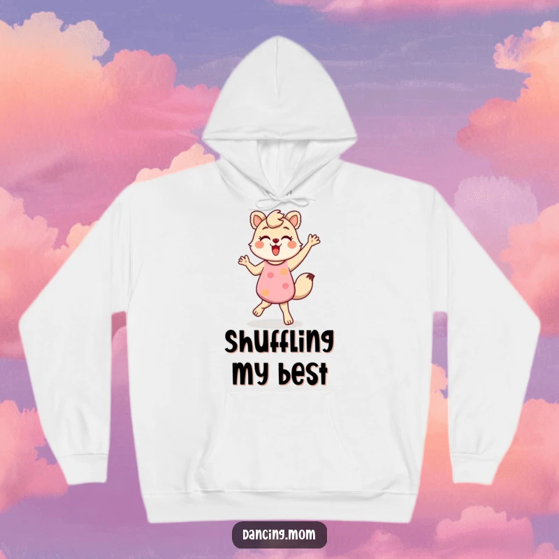 Funny hoodie with a dancing mom animal doing a fun, energetic shuffle, perfect for staying warm and lively, a cozy funny gift.