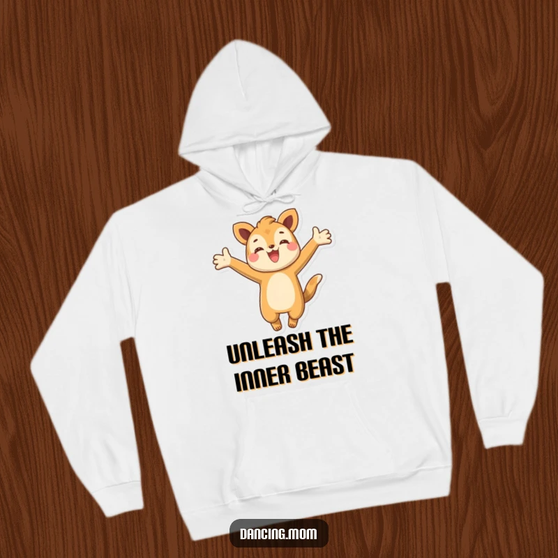 Funny hoodie displaying a happy animal character joyfully leaping with arms outstretched, radiating infectious energy and happiness.