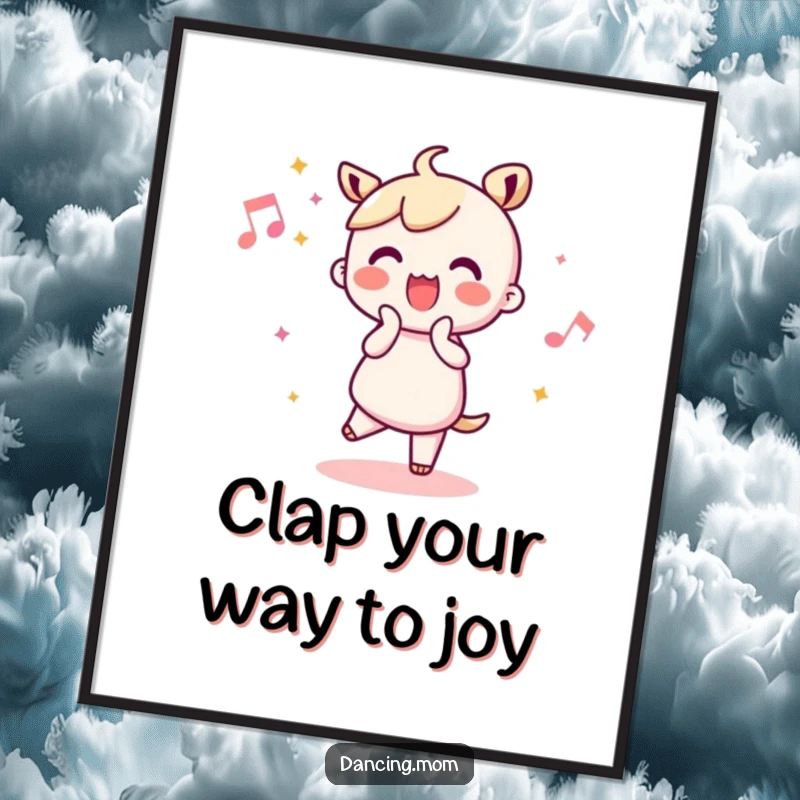 Funny Free Printable Wall Art: Kawaii dancer joyfully clapping along to an unseen beat, radiating happiness and positive energy.