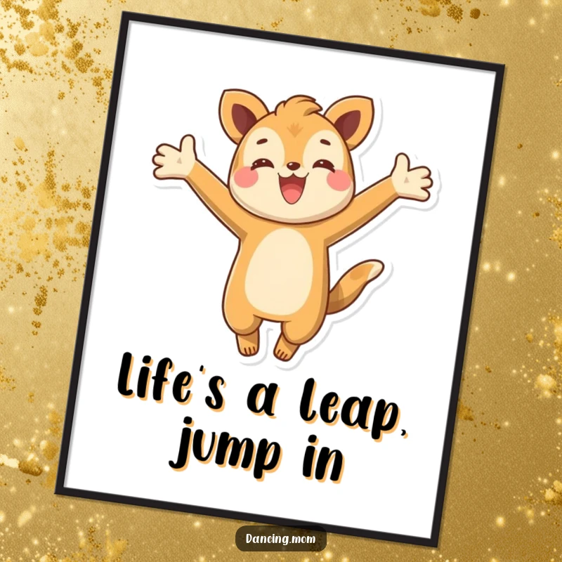 Funny Free Printable Wall Art: A happy animal character leaping energetically with arms outstretched, bringing a dynamic and cheerful vibe.