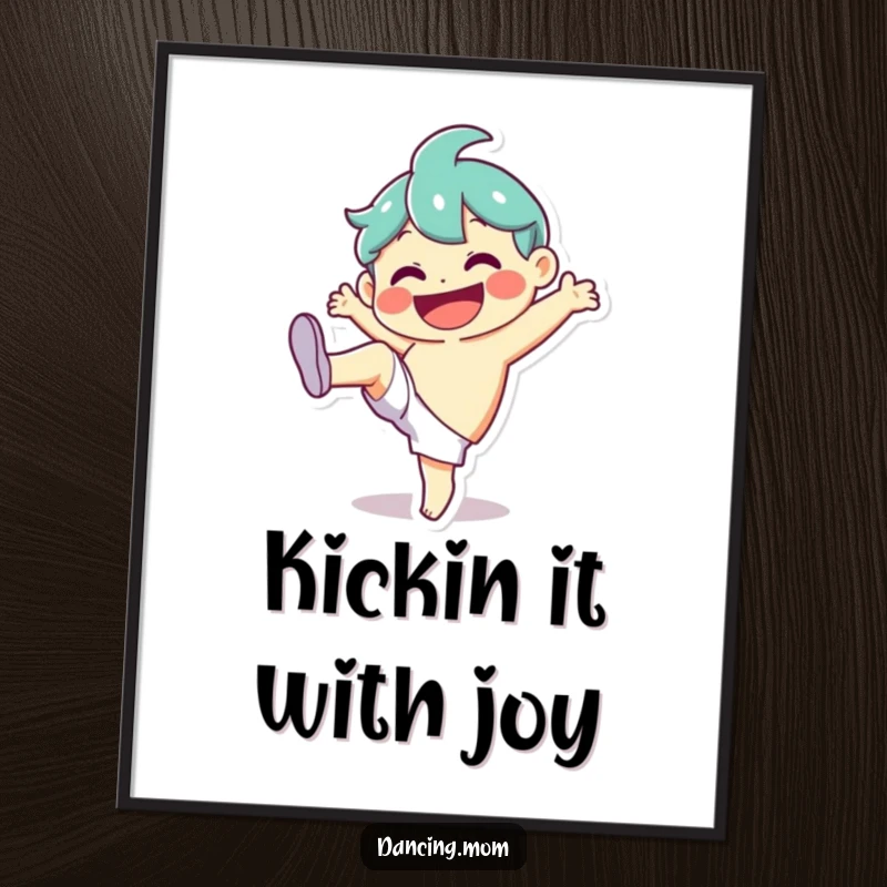 Funny Free Printable Wall Art: Character with a huge smile doing a silly kick, full of life and humor, downloadable art.