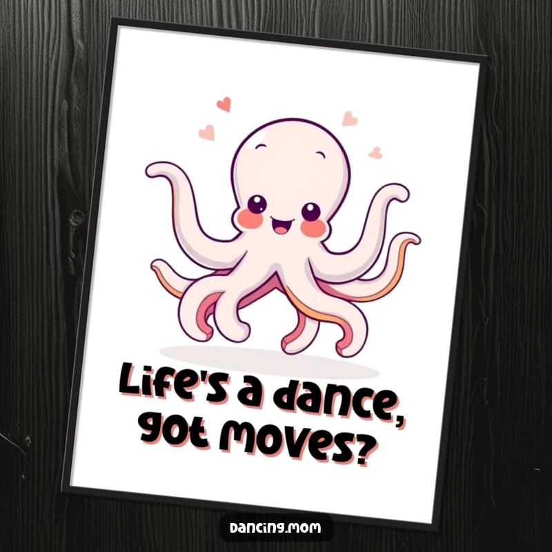 Funny Free Printable Wall Art: A delighted octopus energetically wiggling all eight arms in a vibrant, celebratory dance pose.