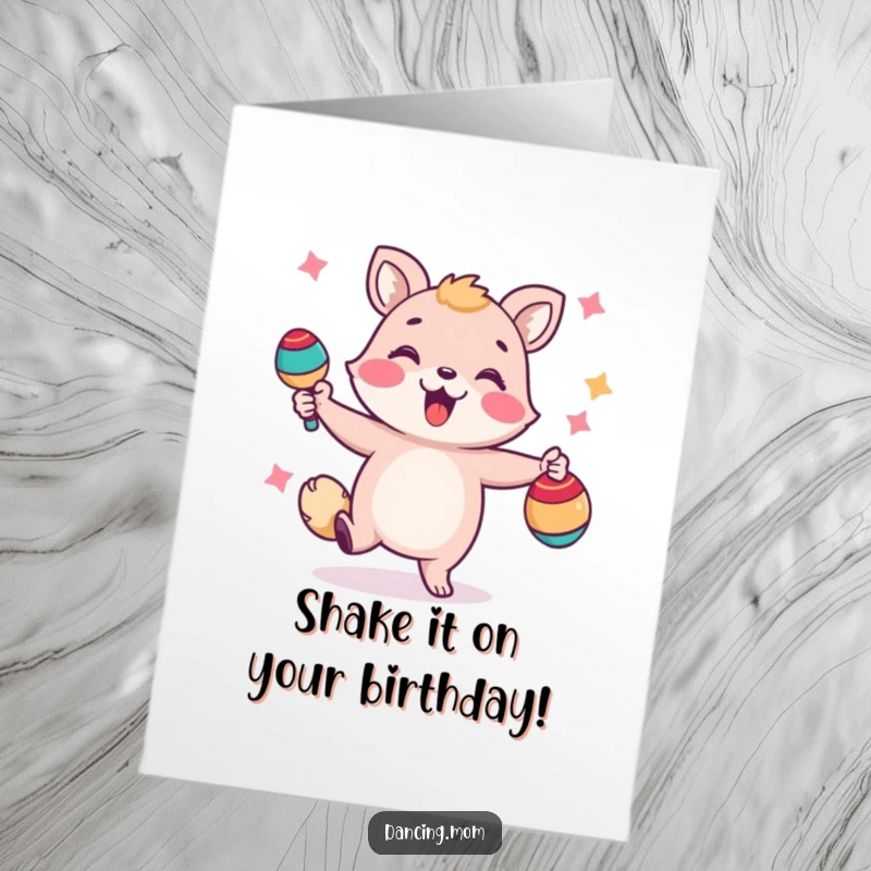 Funny Free Printable Birthday Card depicting a cheerful animal energetically shaking maracas, ready for a fiesta.