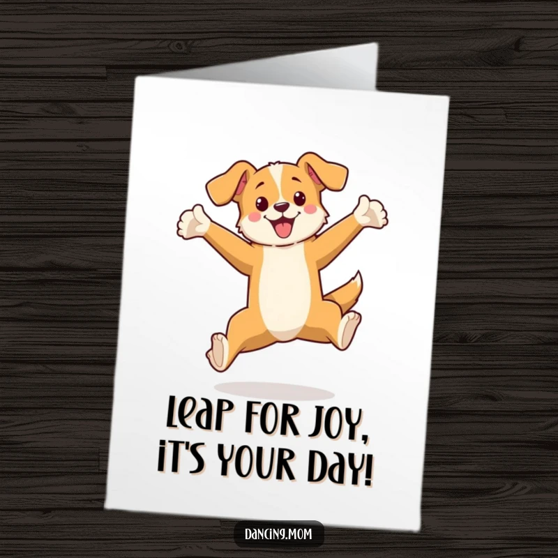 Funny Free Printable Birthday Card featuring an elegant dog leaping gracefully with arms extended, perfect for a printable greeting.