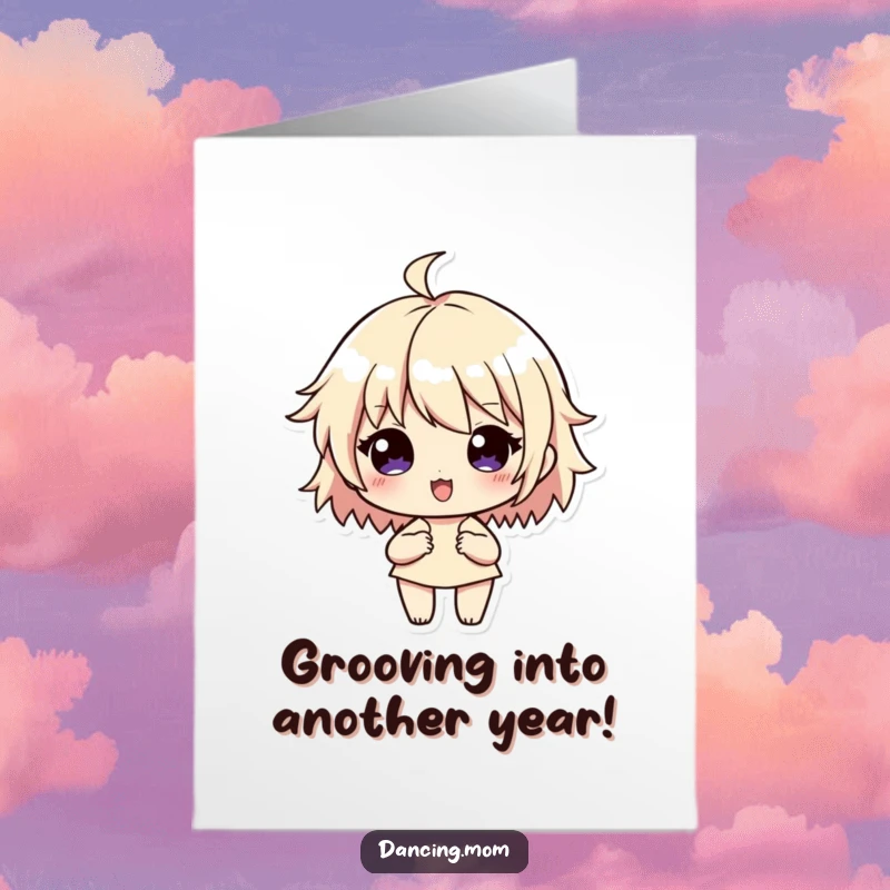 Funny Free Printable Birthday Card: Character surrounded by flowing rhythm lines, dancing joyfully, a downloadable gift.