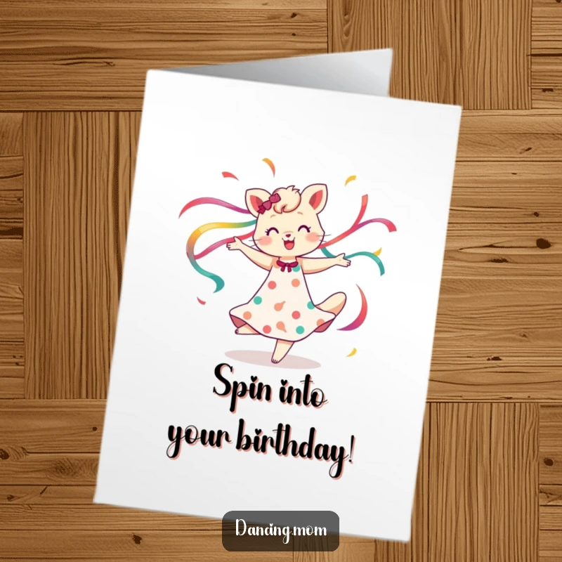 Funny Free Printable Birthday Card showing a mom animal spinning joyfully amidst flowing colorful ribbons, creating a festive scene.