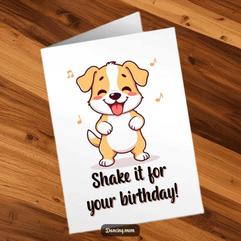 Funny Free Printable Birthday Card: A dog wiggles its hips infectiously to a happy dance beat.