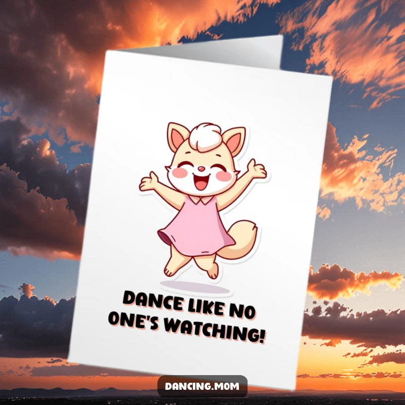 Funny Free Printable Birthday Card featuring a joyful dancing mom animal figure twirling with a big smile, ready to party.