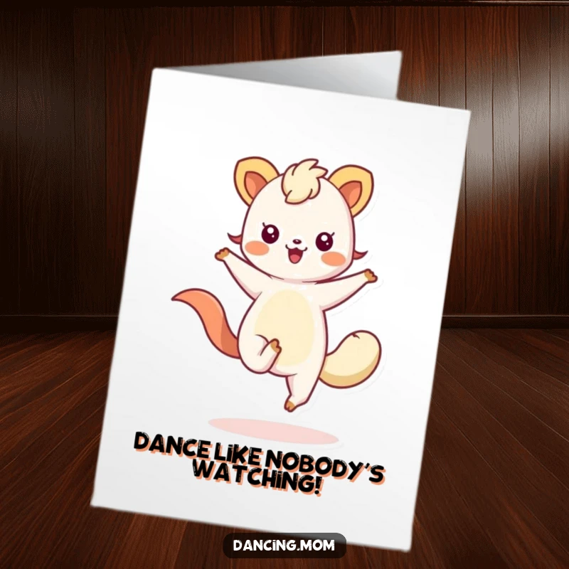 Funny Free Printable Happy Birthday Card featuring a kawaii animal with flowing limbs, captured mid-twirl, spreading joy.