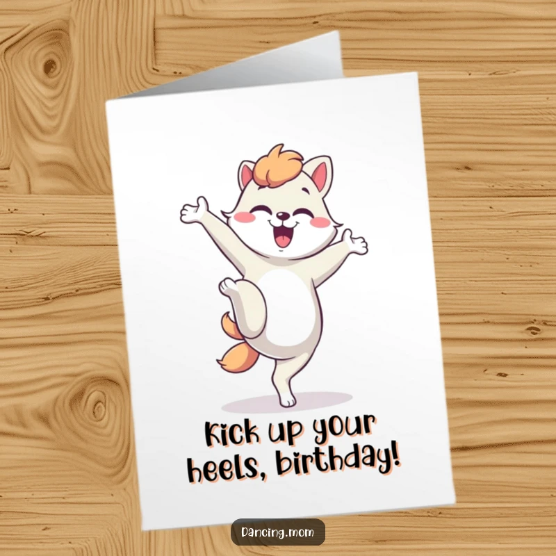 Funny Free Printable Birthday Card: Dancing mom animal performing a comical, high silly kick with infectious energy.