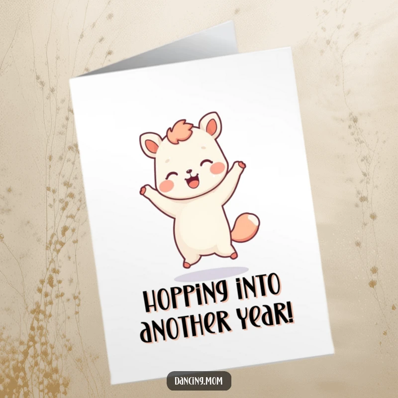 Funny Free Printable Birthday Card: Kawaii animal doing a playful hop with a huge smile, perfect for a DIY gift.