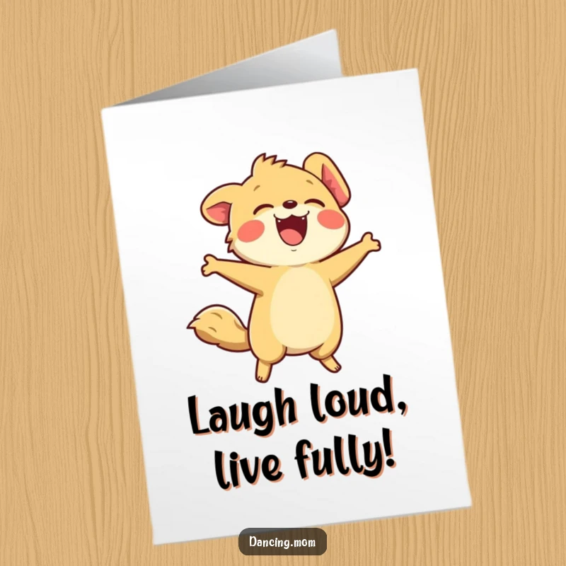 Funny Free Printable Happy Birthday Card of a kawaii animal laughing heartily, head thrown back in pure merriment.