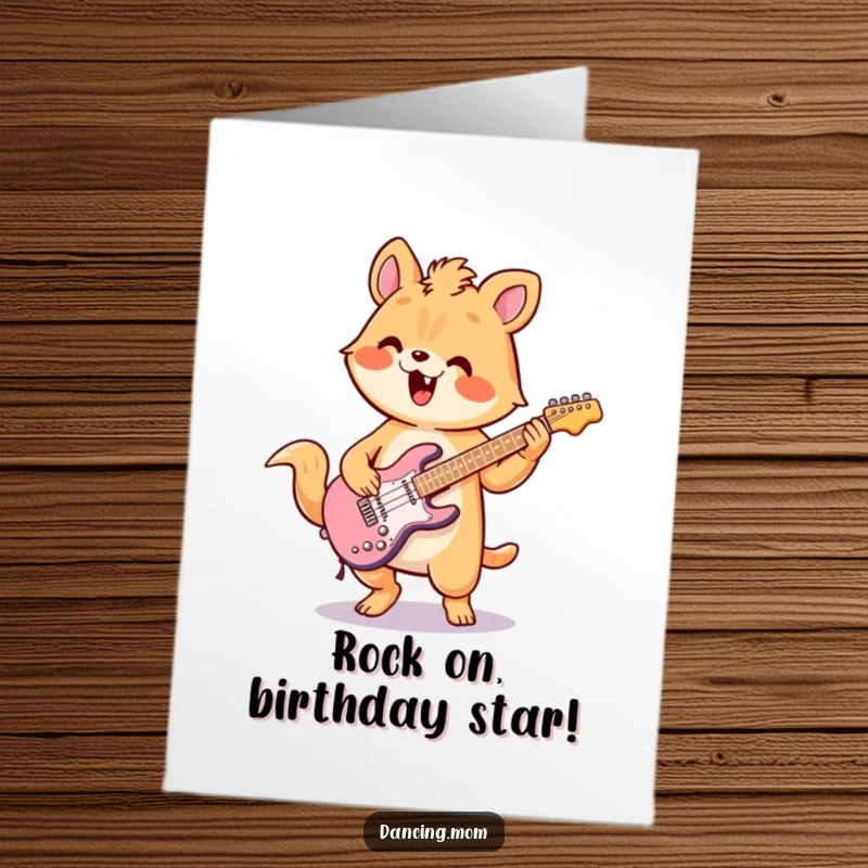 Funny Free Printable Happy Birthday Card featuring a kawaii animal rocking out on air guitar with enthusiastic flair.