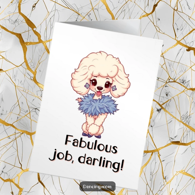 Funny Free Printable Congrats Card: Sophisticated poodle with sparkly earrings twirls with feathered boa, celebrating success.