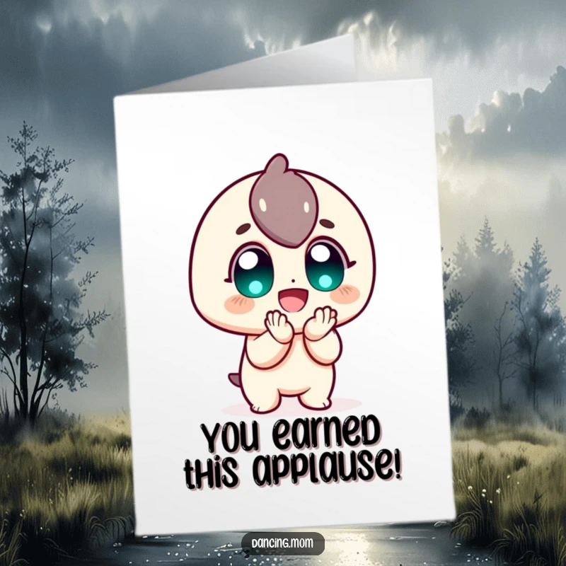 Funny Free Printable Congratulations Card: Character clapping with joy, wide happy eyes, celebrating achievement, a downloadable gift.