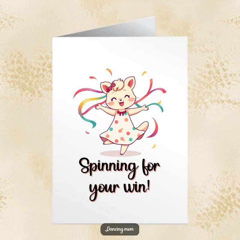 Funny Free Printable Congrats Card depicting a mom animal spinning with streams of colorful ribbons flowing, celebrating with exuberance.