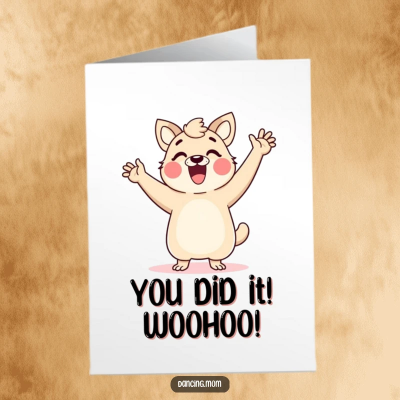 Funny Free Printable Congrats Card: Ecstatic dancing mom animal throwing arms up in a joyous, celebratory pose.