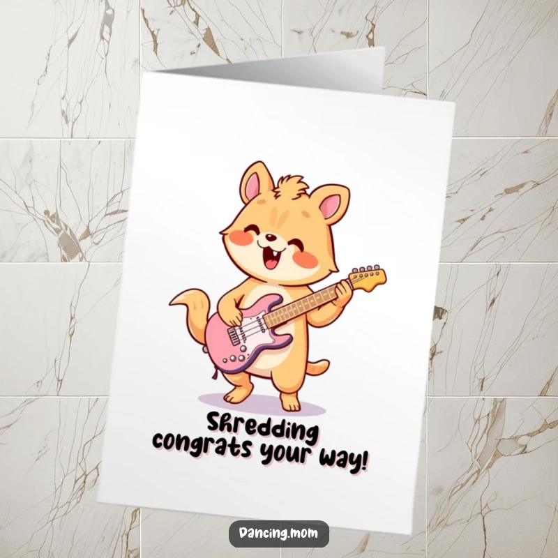 Funny Free Printable Congratulations Card of a kawaii animal enthusiastically playing air guitar, celebrating success.