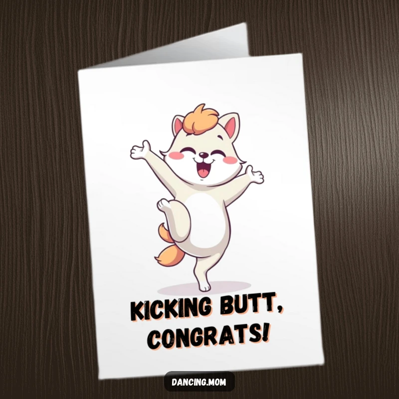 Funny Free Printable Congrats Card: A mom animal joyfully executes a goofy, mid-air silly kick with enthusiasm.
