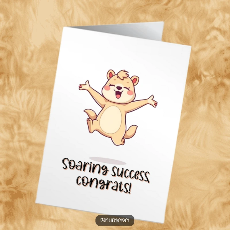 Funny Free Printable Congrats Card depicting a mom animal leaping dynamically with arms wide, conveying exuberant congratulations.