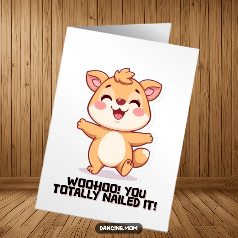 Funny Free Printable Congratulations Card: A playful animal character tapping its feet with a huge smile, radiating pure celebratory happiness.