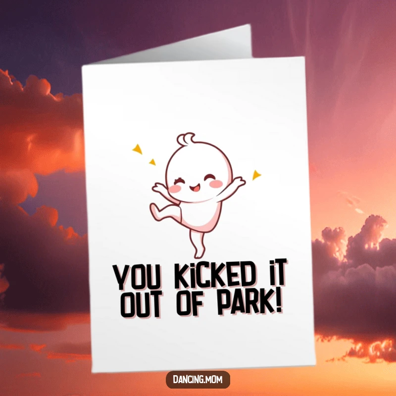 Funny Free Printable Congratulations Card: Kawaii dancer joyfully kicking a leg up with a wink, celebrating a big win, perfect for congrats.