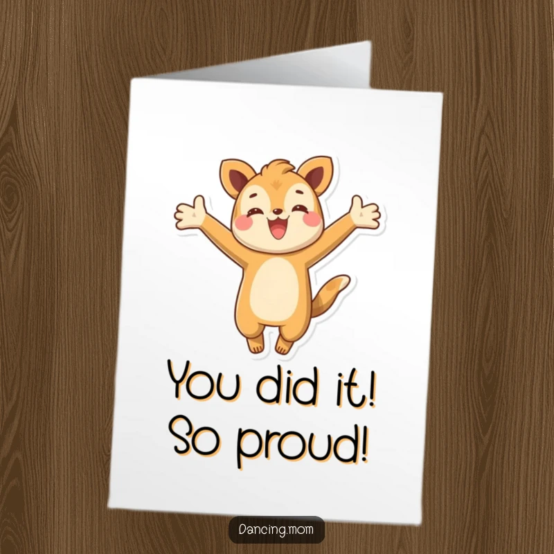 Funny Free Printable Congratulations Card: Energetic, happy animal leaping with outstretched arms, celebrating a momentous achievement with pure glee.