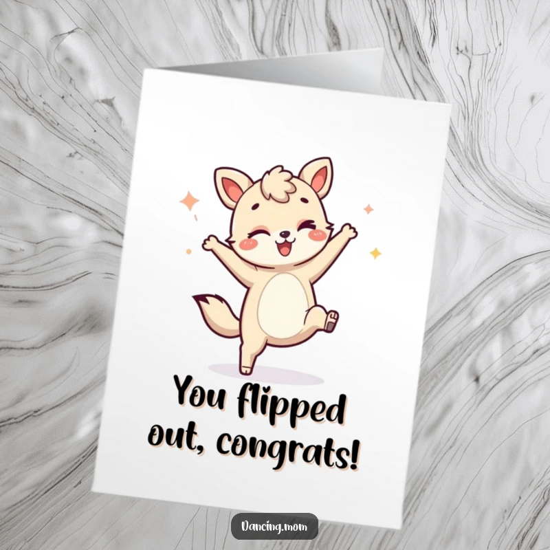 Funny Free Printable Congratulations Card with a cheeky animal doing a cartwheel and a playful wink, celebrating success.