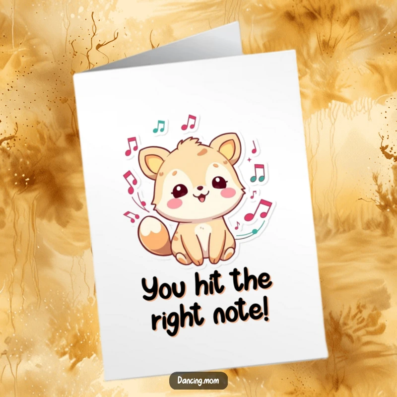 Funny Free Printable Congrats Card: A happy animal character surrounded by swirling musical notes, celebrating success joyfully.